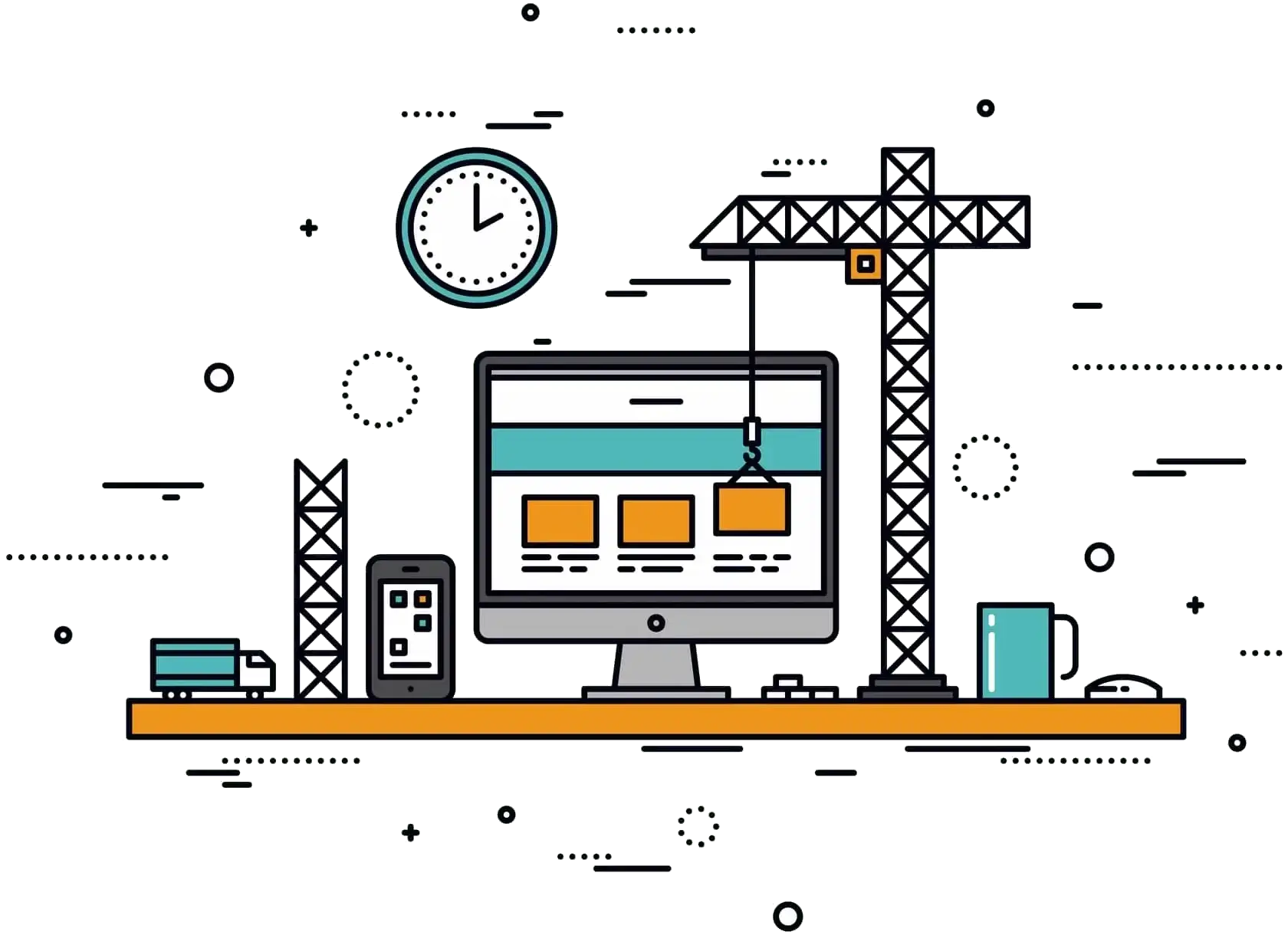 A crane builds a responsive web design layout and UI on a monitor and mobile device for a site under construction.