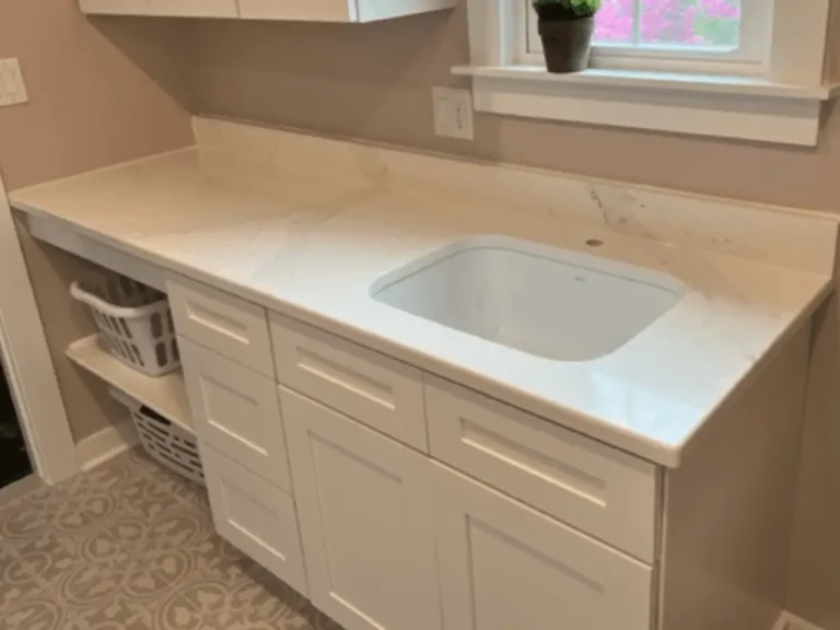 Quartz laundry room countertop with an undermount sink and white cabinetry.