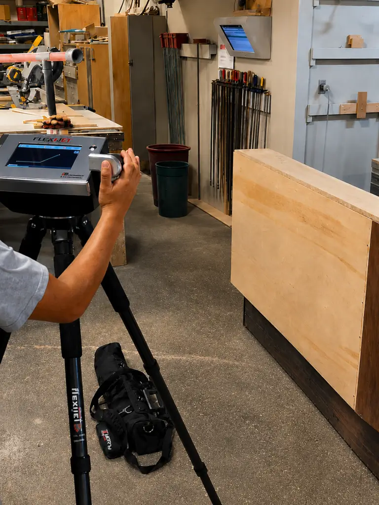 Fabricator using a Flexijet 3D laser measuring device in a countertop fabrication workshop.