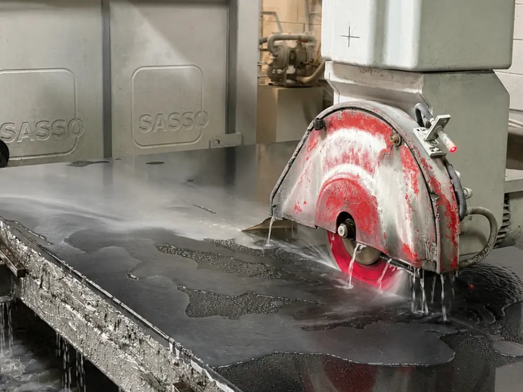 Black Absolute granite countertop slab with a Sasso textured finish, fabricated for commercial installation