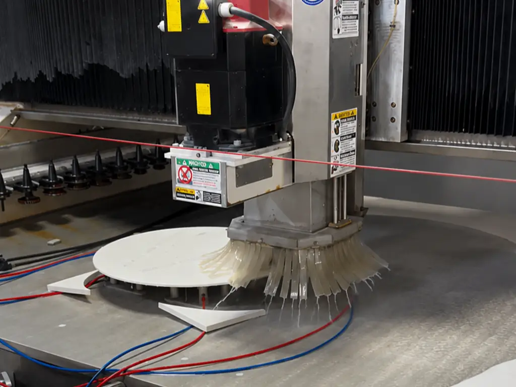 Close-up of an industrial CNC fabrication machine actively cutting and shaping a circular white solid surface stone piece using water cooling.