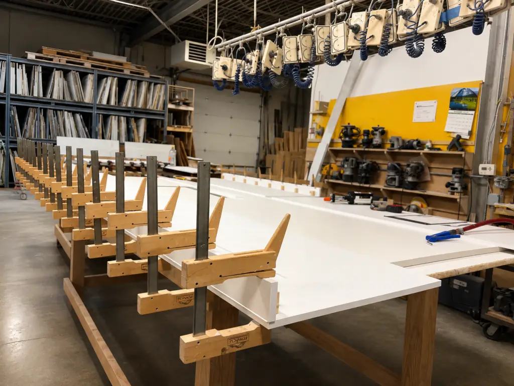 Custom solid surface countertop fabrication with wood clamps bonding white solid surface panels in a professional shop