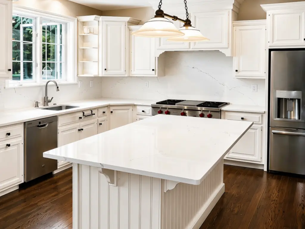 Cambria quartz kitchen countertops on island and perimeter with white cabinets
